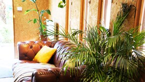 A brown leather sofa with a yellow pillow, surrounded by green plants. - Zen Garden Cottage - Sleeps 2 - Patio & Parking (Poole)
