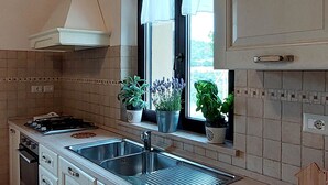 Una cocina con una isla grande, una ventana con plantas y un salpicadero de azulejos.