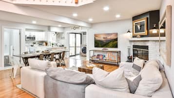 Smart TV, fireplace, books