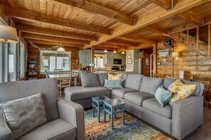 Flat-screen TV, DVD player, books