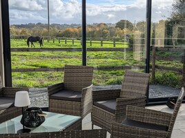 Una habitación con muebles de mimbre, una mesa de vidrio y vistas a un caballo pastando en un campo.