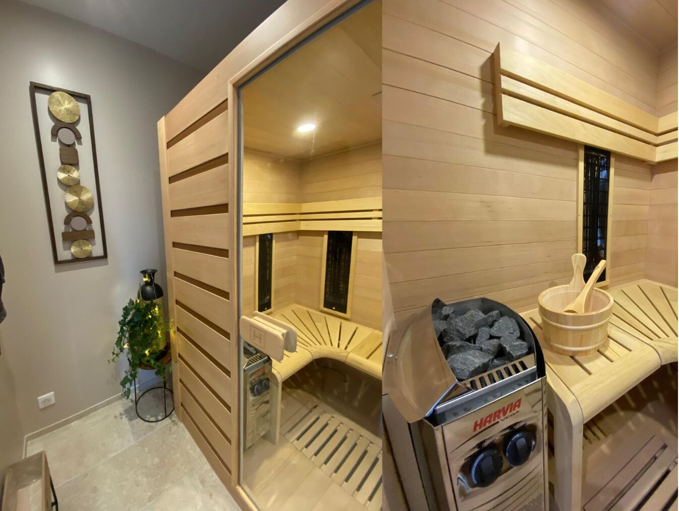 A sauna room with a Harvia sauna machine, wooden benches, and a small window.