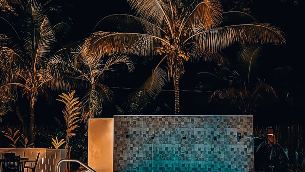 En swimmingpool med flisepanel og palmer i baggrunden.