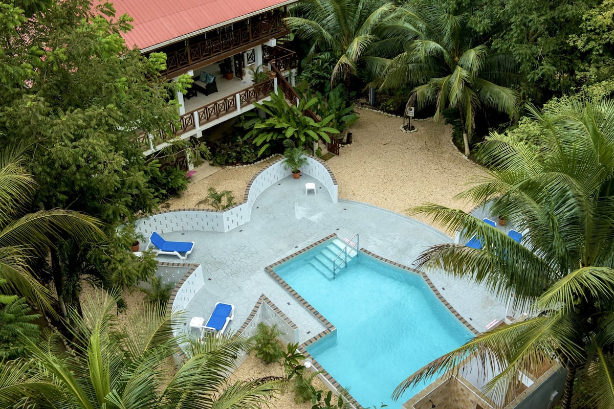 Un área de piscina con una pileta rectangular, rodeada de palmeras y un edificio con techo rojo.