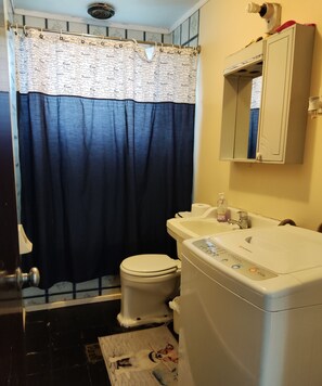 Bathtub, towels, soap, toilet paper