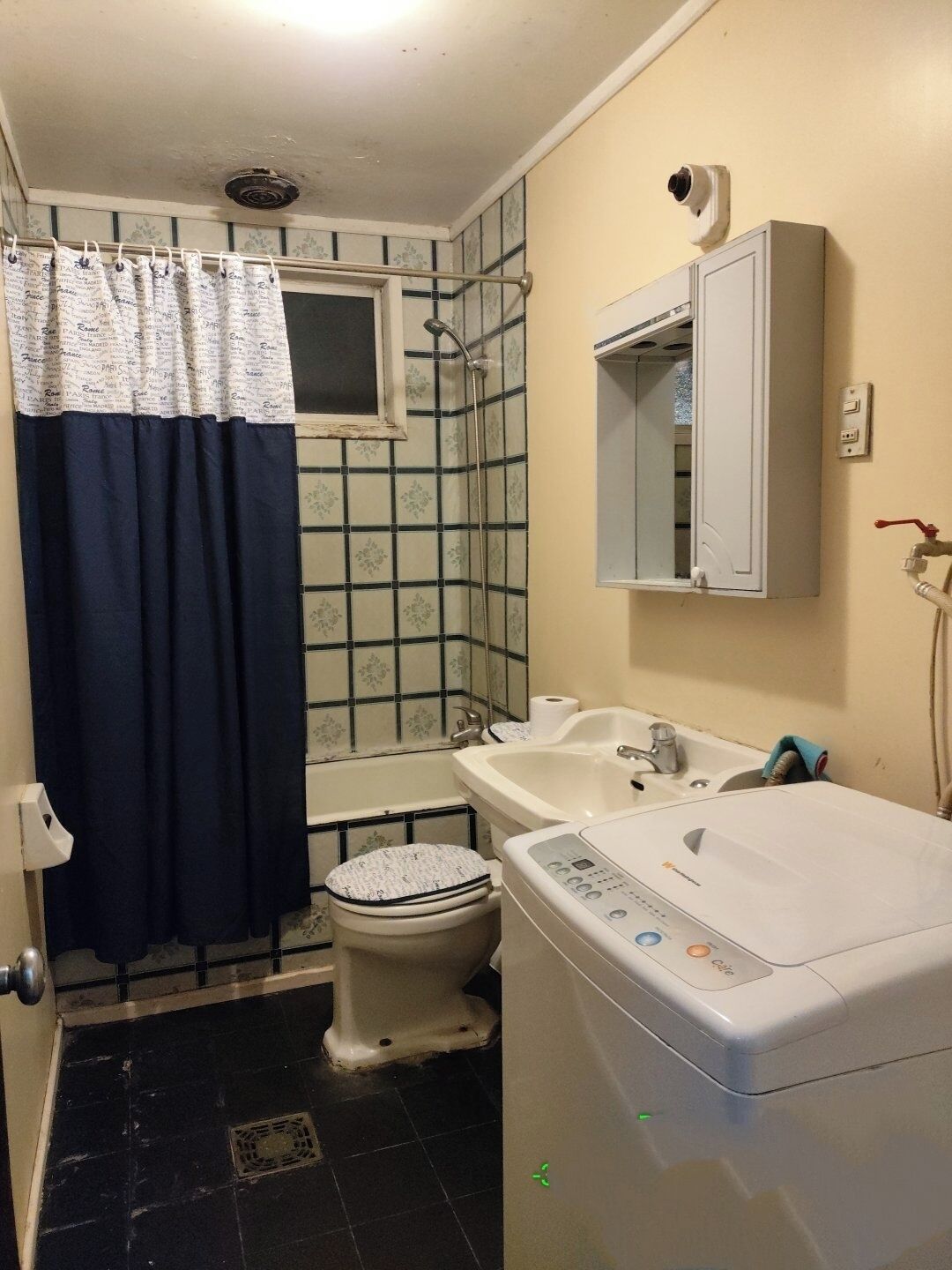 Bathtub, towels, soap, toilet paper