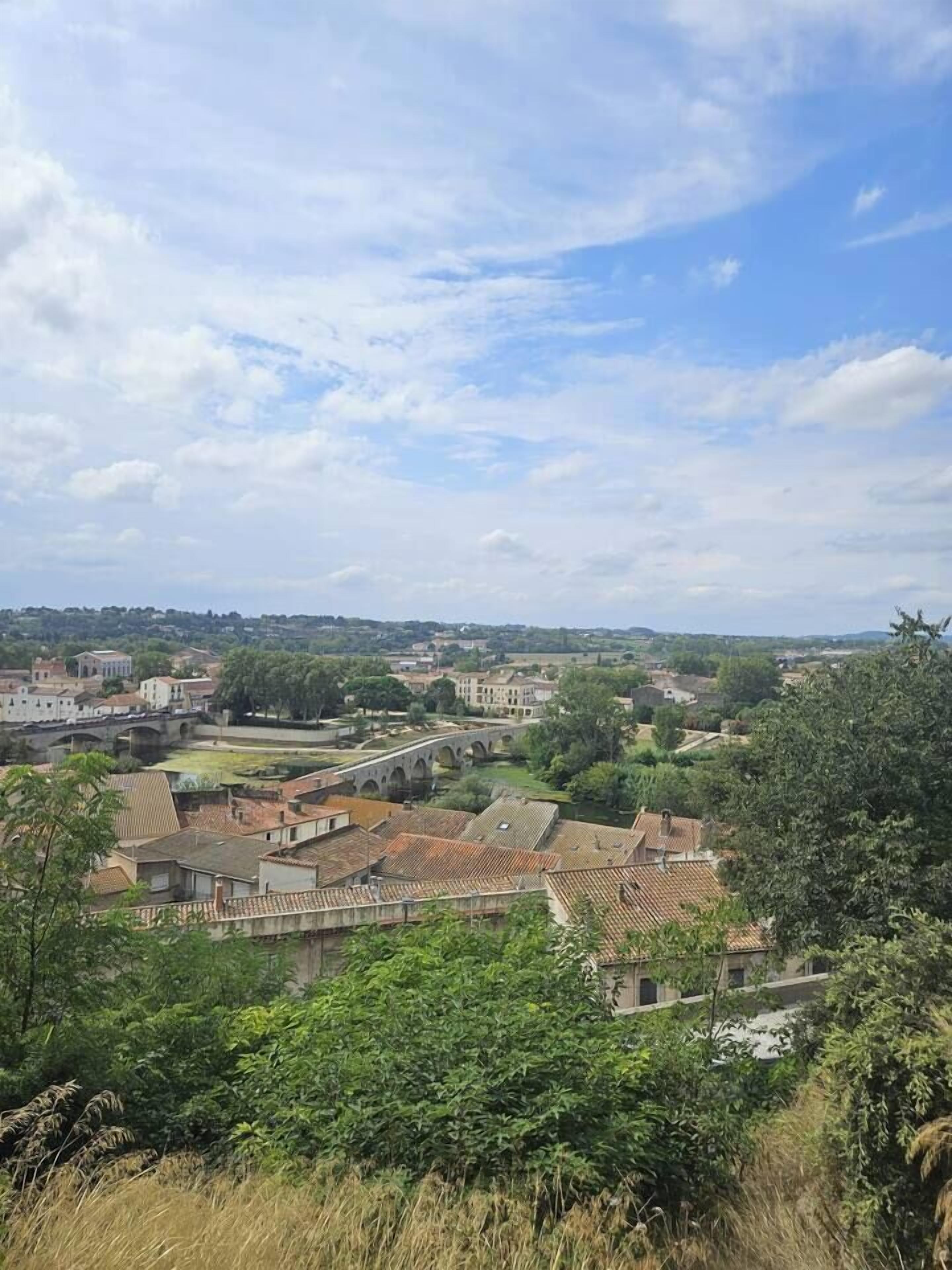 A town with historic buildings, a bridge, and lush greenery.