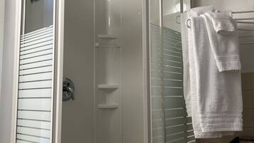 A modern bathroom with a glass shower enclosure, a white towel rack, and a wooden vanity.