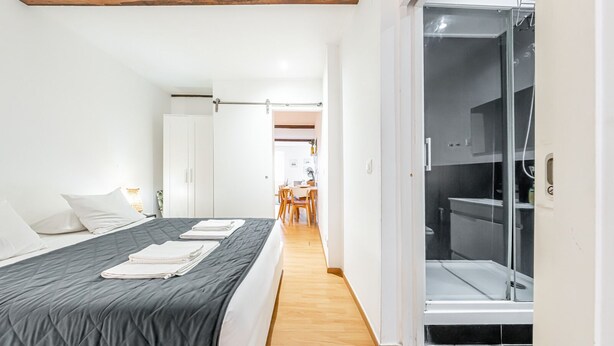 Une chambre à coucher comprenant un lit, une table de chevet, une armoire et une salle de bain avec douche.