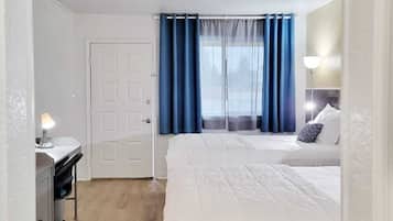 Individually decorated, desk, laptop workspace, blackout curtains