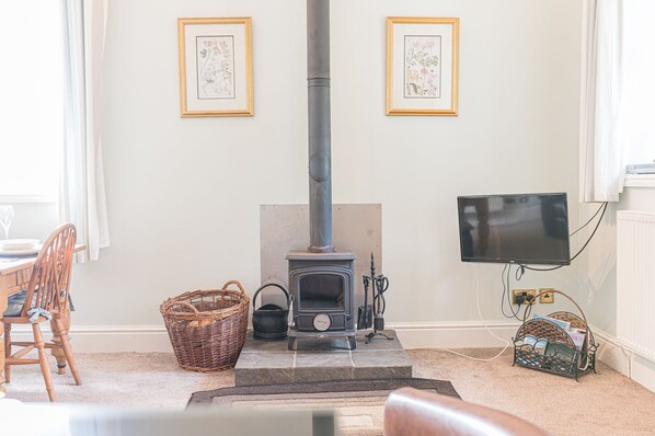 A cozy living room with a fireplace, a television, and two framed botanical prints on the wall.