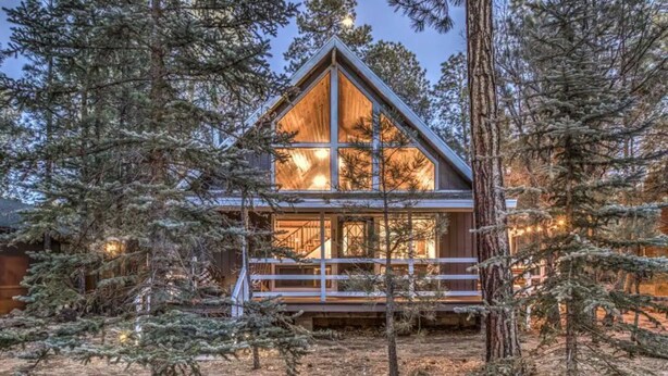 A cabin with a large glass front, surrounded by tall pine trees. - Christmas Cottage - Cozy cabin in the Pines! (Pinetop)