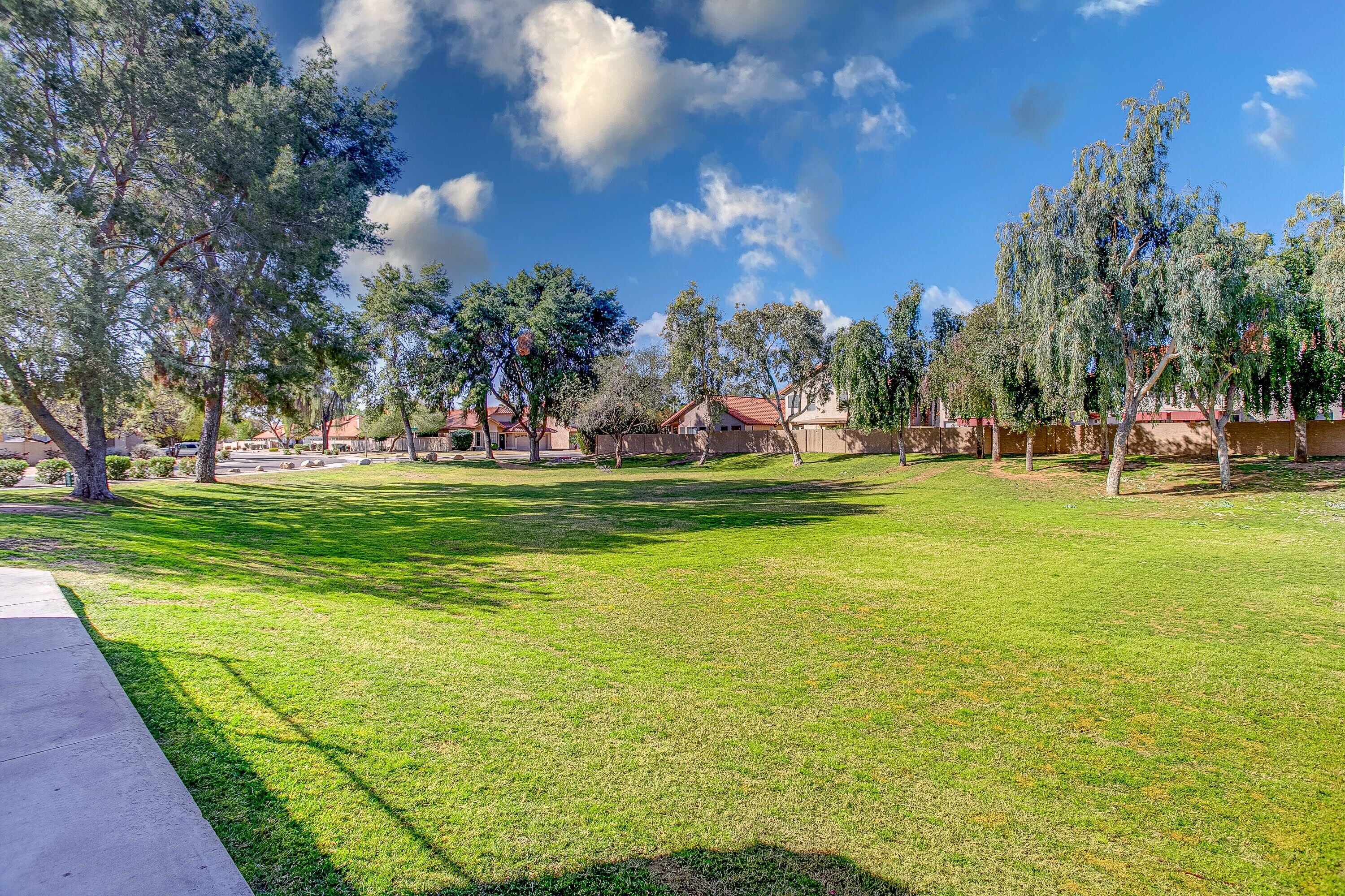 Een verzorgd grasveld met bomen en huizen op de achtergrond.
