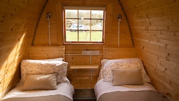 Una habitación pequeña y acogedora con dos camas, una ventana y techo de madera.