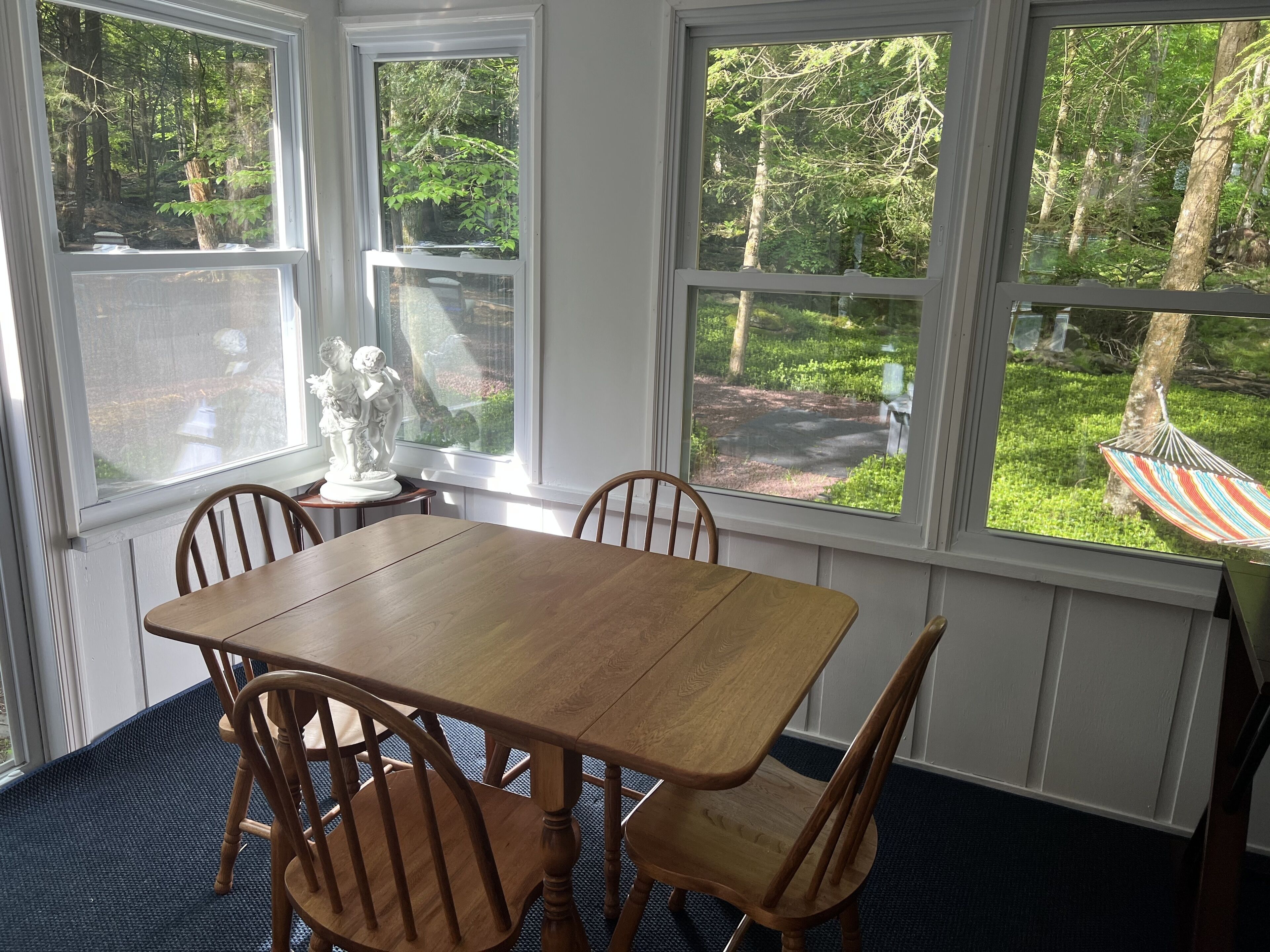 A dining area with a wooden table and chairs, large windows with a view of a garden and hammock.