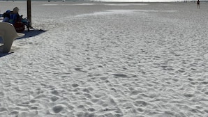 Une plage avec un parasol en chaume, une chaise en plastique blanche et une rive sablonneuse.
