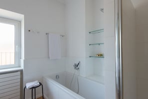 Combined shower/bathtub, hair dryer, bidet, shampoo