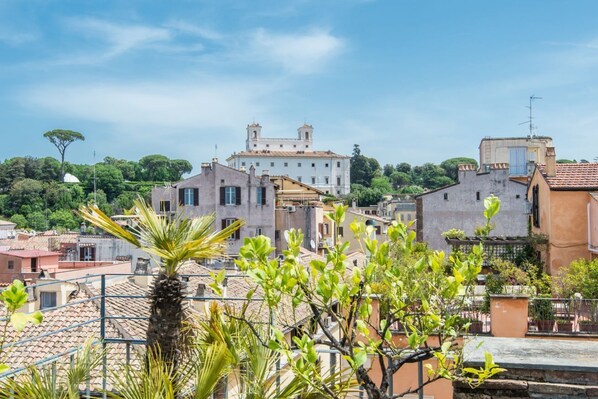 A residential area with a prominent white building with two towers, surrounded by other buildings and greenery.