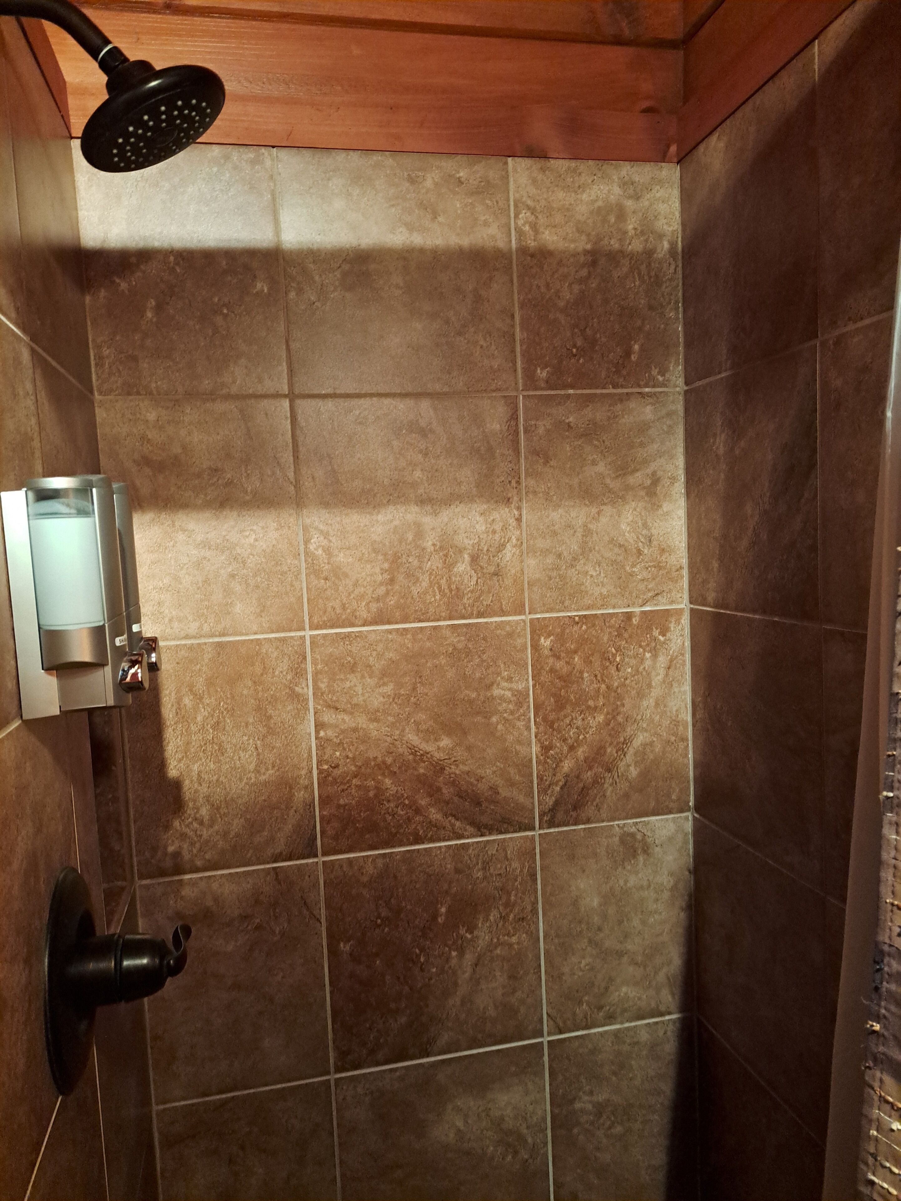A shower area with brown tiles, a handheld showerhead, and a wall-mounted control panel.