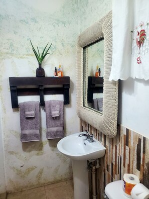 Douche, sèche-cheveux, serviettes fournies, savon