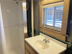 Bathroom features a sink, mirror, and shower area with a glass door, offering a view of the outside.