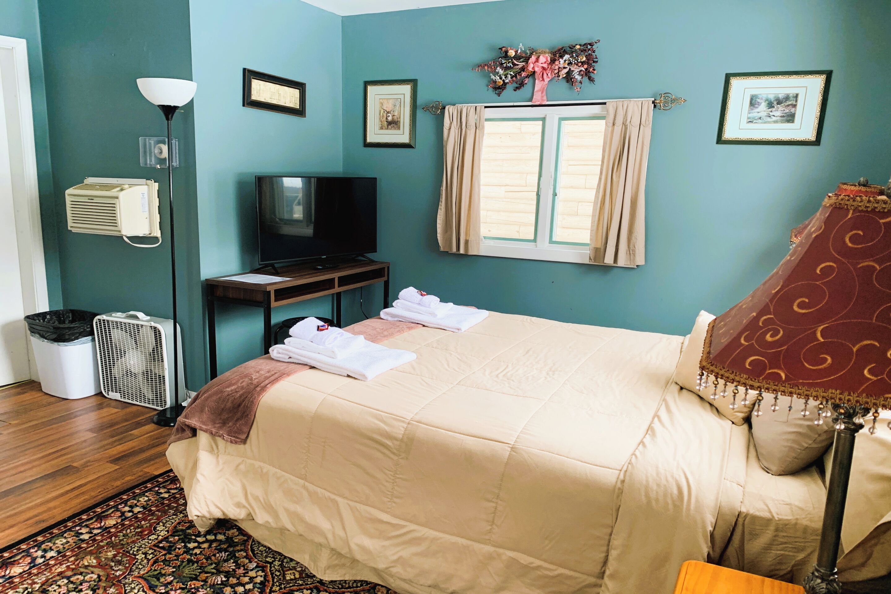 Une chambre à coucher comprenant un lit, une télévision, un radiateur, un ventilateur et une fenêtre avec des rideaux.