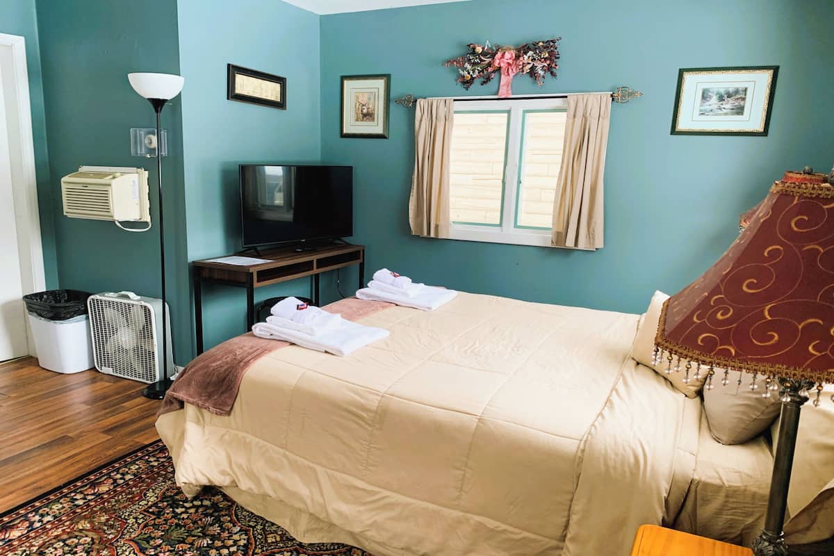 A bedroom with a bed, a television, a heater, a fan, and a window with curtains.