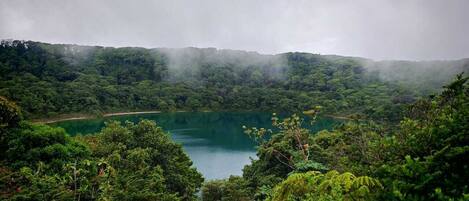 Um lago rodeado por uma floresta densa, com vista para as colinas ao redor.