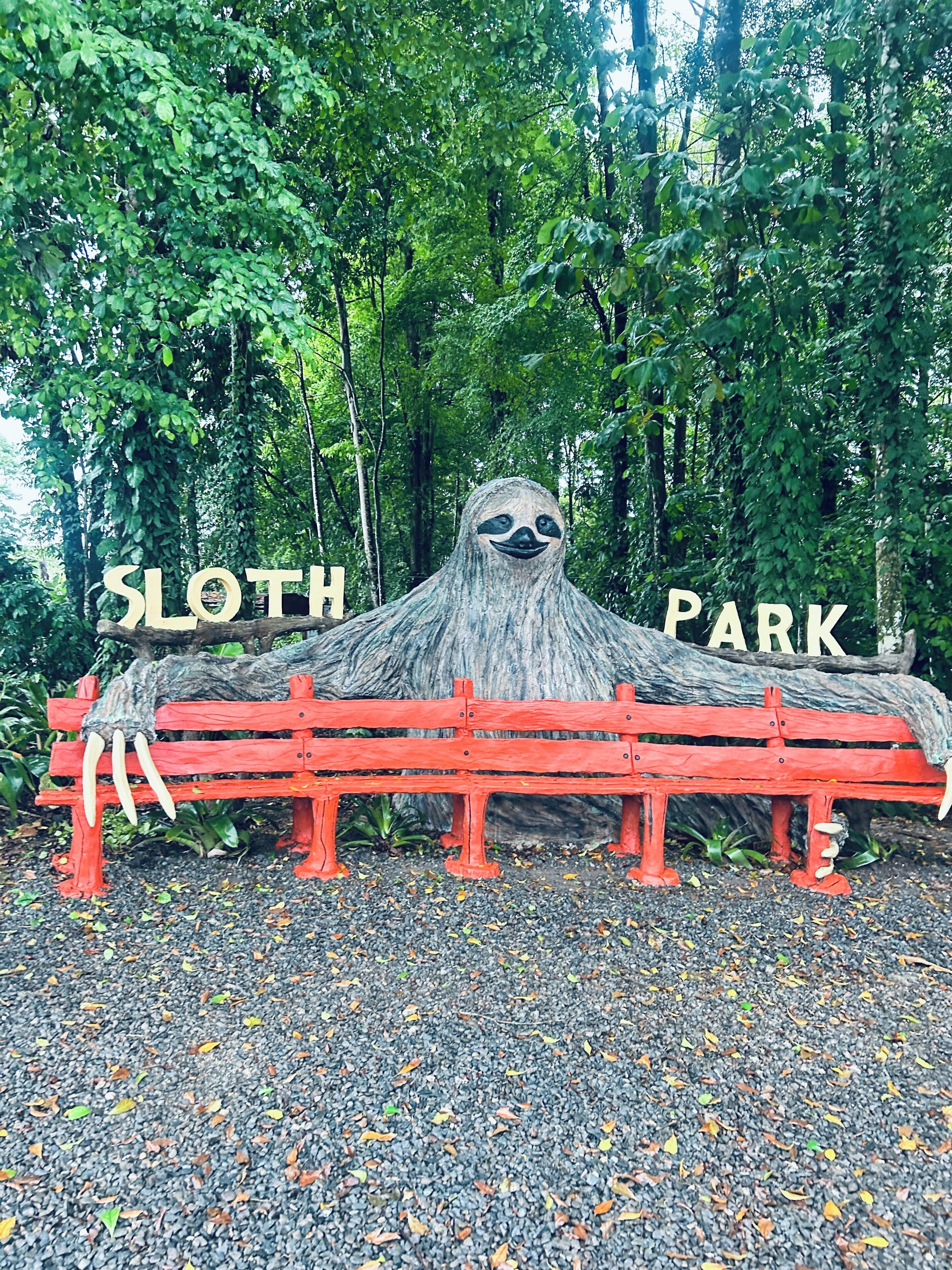 Un banc décoré sur le thème des paresseux, avec l’inscription « Parc des paresseux » en arrière-plan.