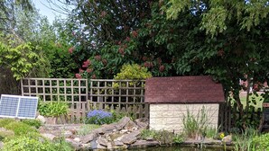 Ein Teich mit Seerosen, ein Holzzaun und ein kleines Gartenhaus.