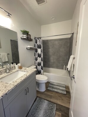 Combined shower/tub, hair dryer, towels, soap