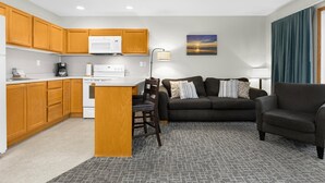 Un espacio habitable pequeño con kitchenette, un sofá, una silla y un cuadro en la pared.