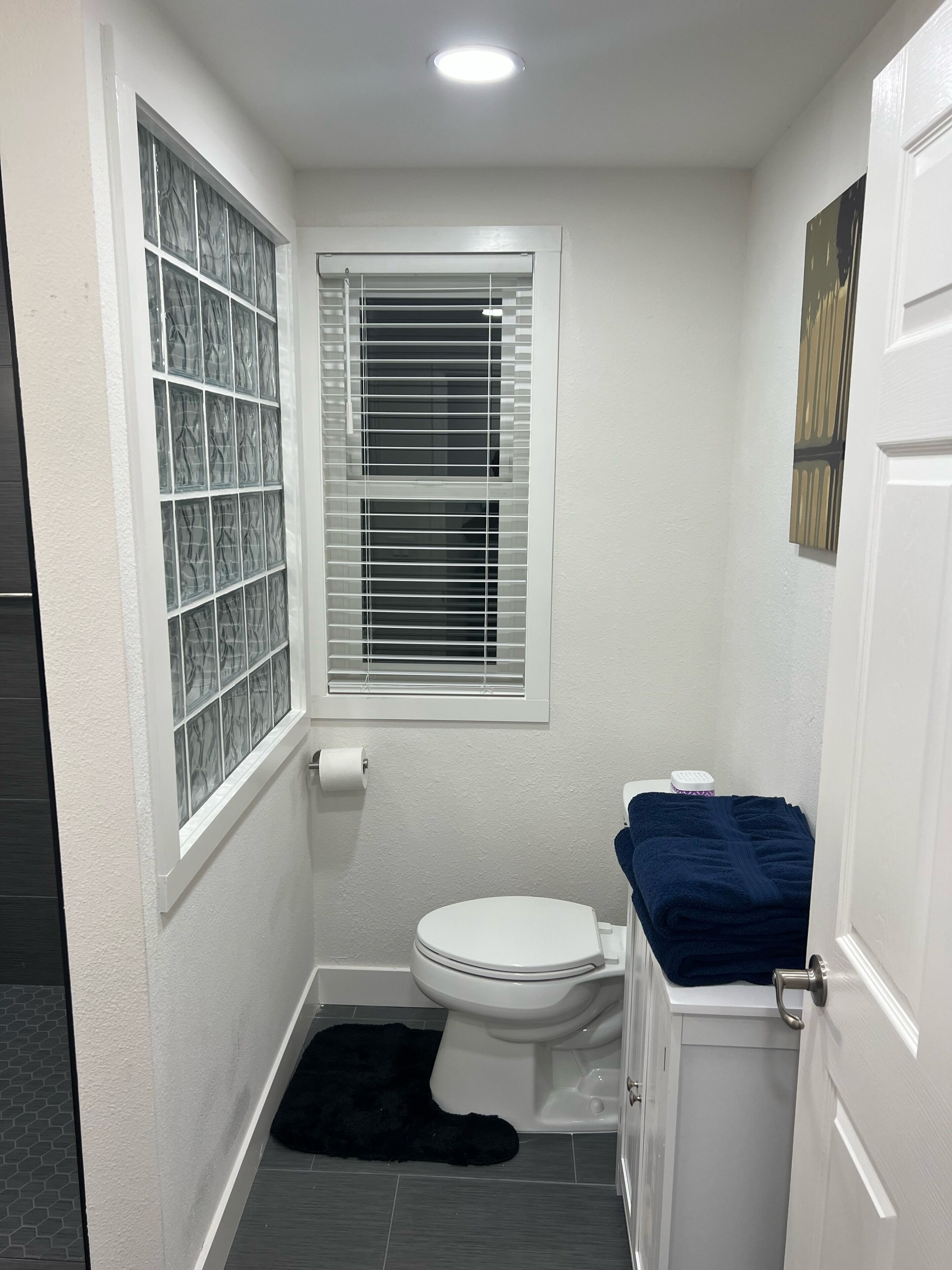 Een kleine badkamer met toilet, een raam met zonwering, een rol toiletpapier en een zwart vloerkleed.