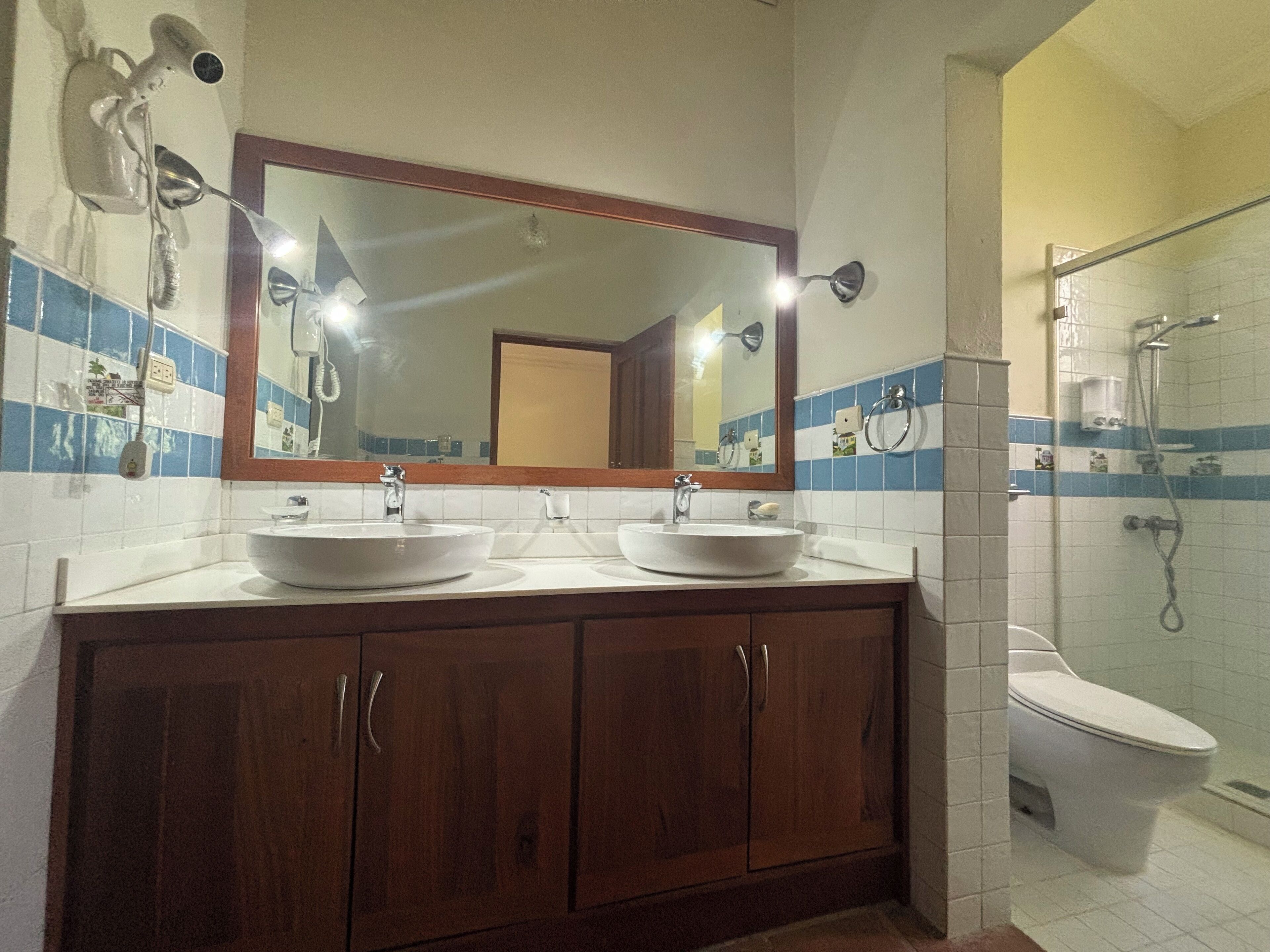 Combined shower/bathtub, jetted bath, hair dryer, towels