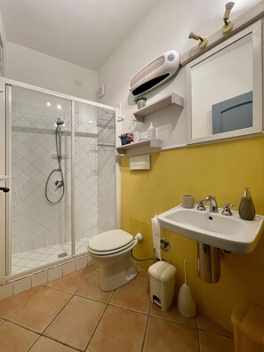 Shower, hair dryer, bidet, towels
