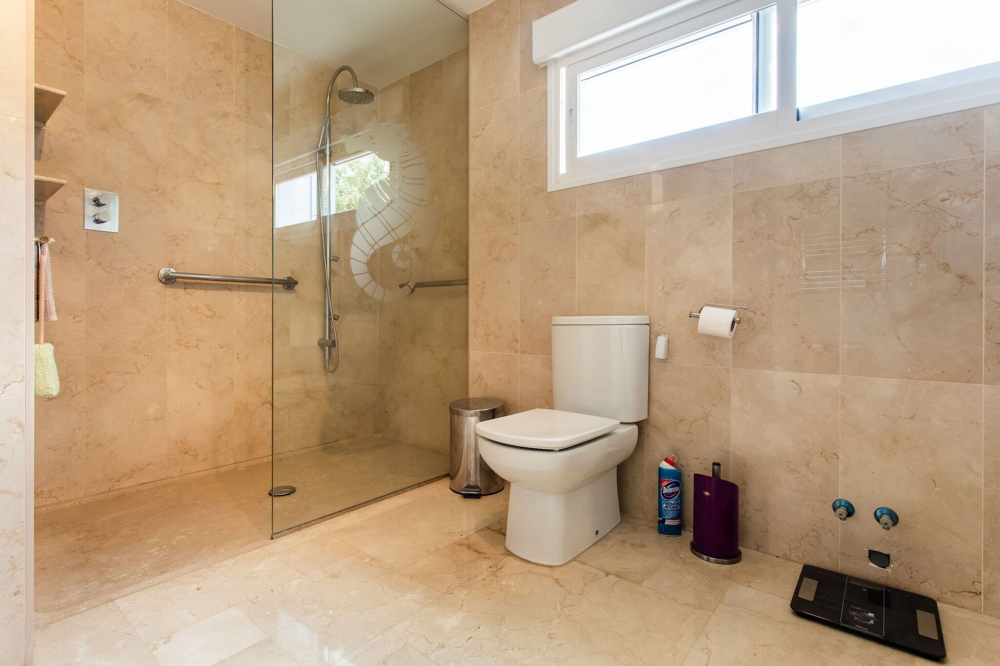 Une salle de bain avec une douche à parois de verre, des toilettes blanches et un sol carrelé en marbre.