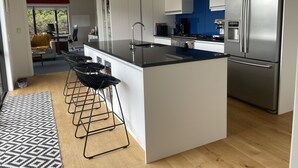 Eine moderne Küche mit Kochinsel, Edelstahlgeräten und Blick in einen Essbereich.