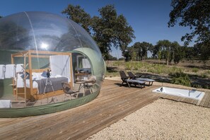 A transparent dome structure with a bed, seating, and a small table. - El Toril Glamping Experience (Velada)