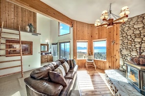 Télévision, cheminée, chaîne hi-fi, espaces bureaux