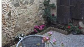 En stenmur med ett tak täckt av tegelpannor och ett litet fönster. På marken står krukväxter och blommor.