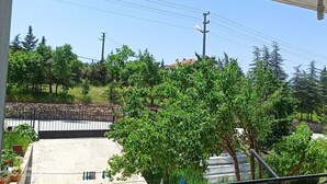 Une vue d’un quartier résidentiel avec un mur en pierre, un portail en métal et différentes espèces d’arbres.