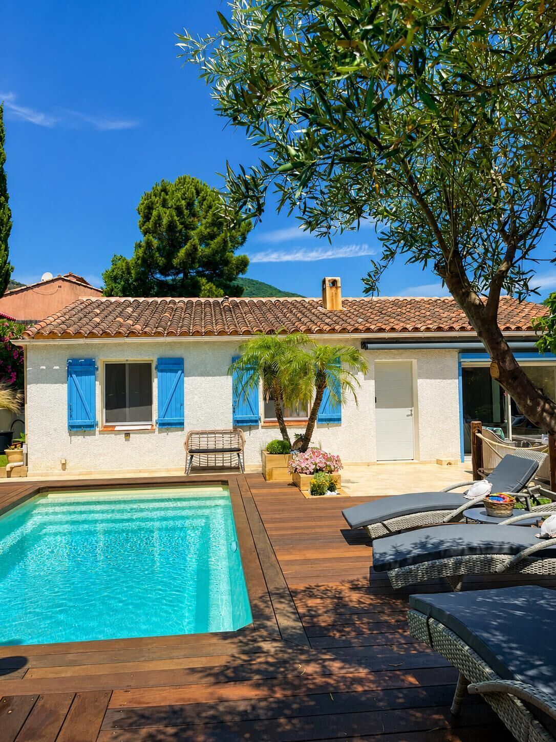 A villa with a swimming pool, outdoor furniture, and a tree.