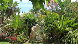 A garden with various plants, a rock sculpture, and a clear view of the sky. - Villa with private pool 🌿 3 bedrooms - near beaches & center - absolute calm (Cavalaire-sur-Mer)