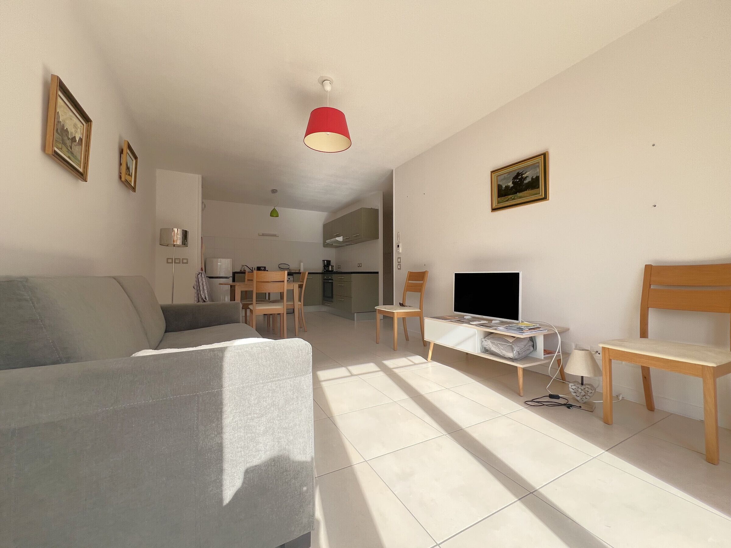 A modern living room with a grey sofa, a TV on a stand, and a dining area with a table and chairs.