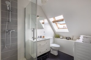 Shower, hair dryer, towels