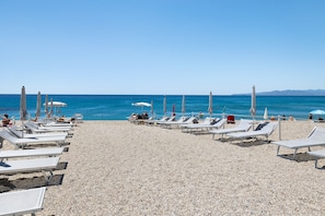 A beach with sun loungers and umbrellas, a clear sky, and the sea.