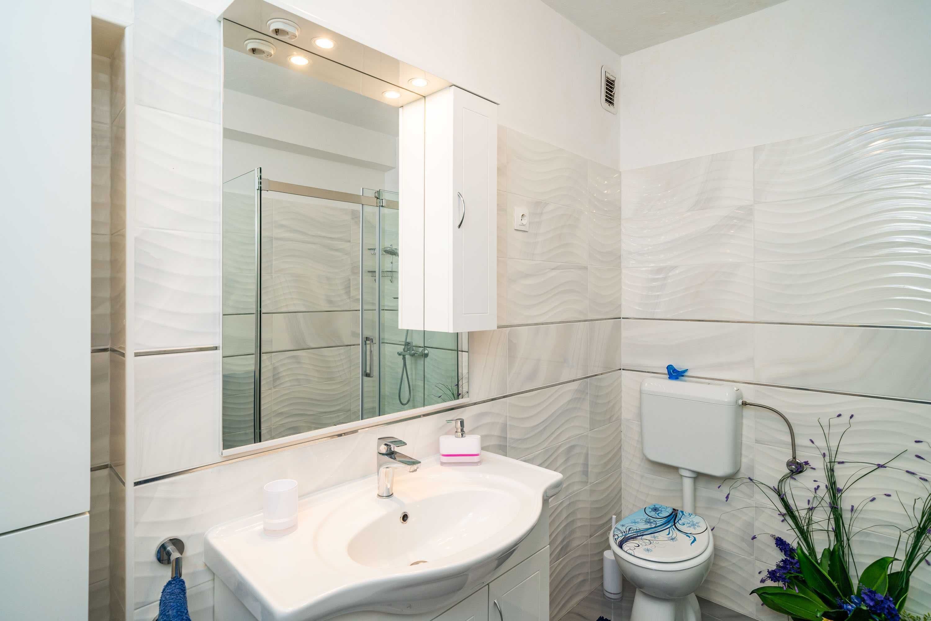 A modern bathroom with a glass shower enclosure, a white sink with a soap dispenser, and a toilet with a decorative blue lid.