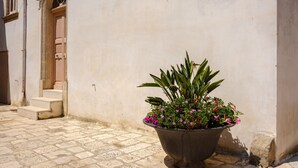 A potted plant with flowers and leaves, a set of stone steps leading to a door, and a plain wall. - Holiday Home 'Dimora Storica Maruggio' with Terrace & A/C (maruggio)