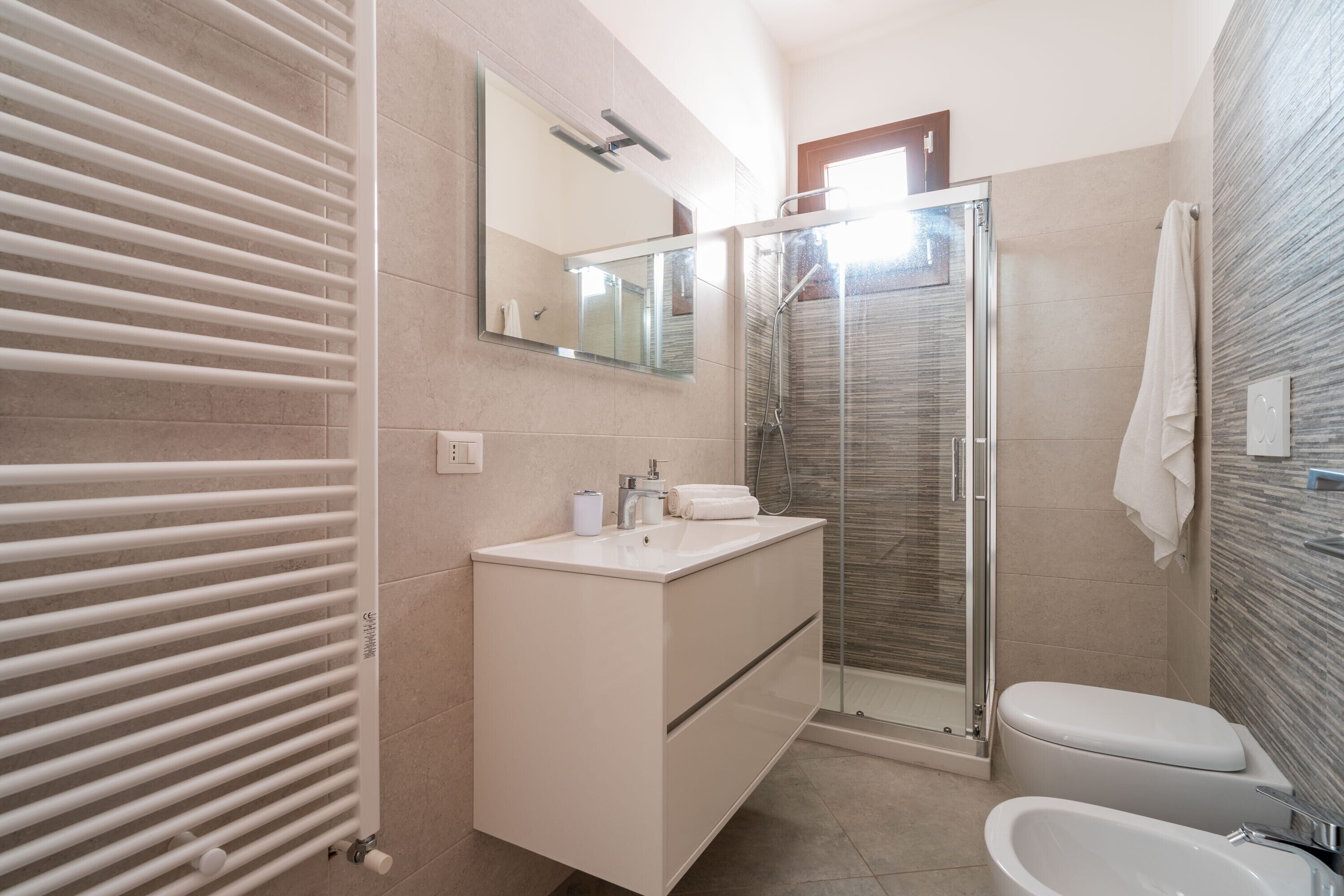 Shower, hair dryer, towels