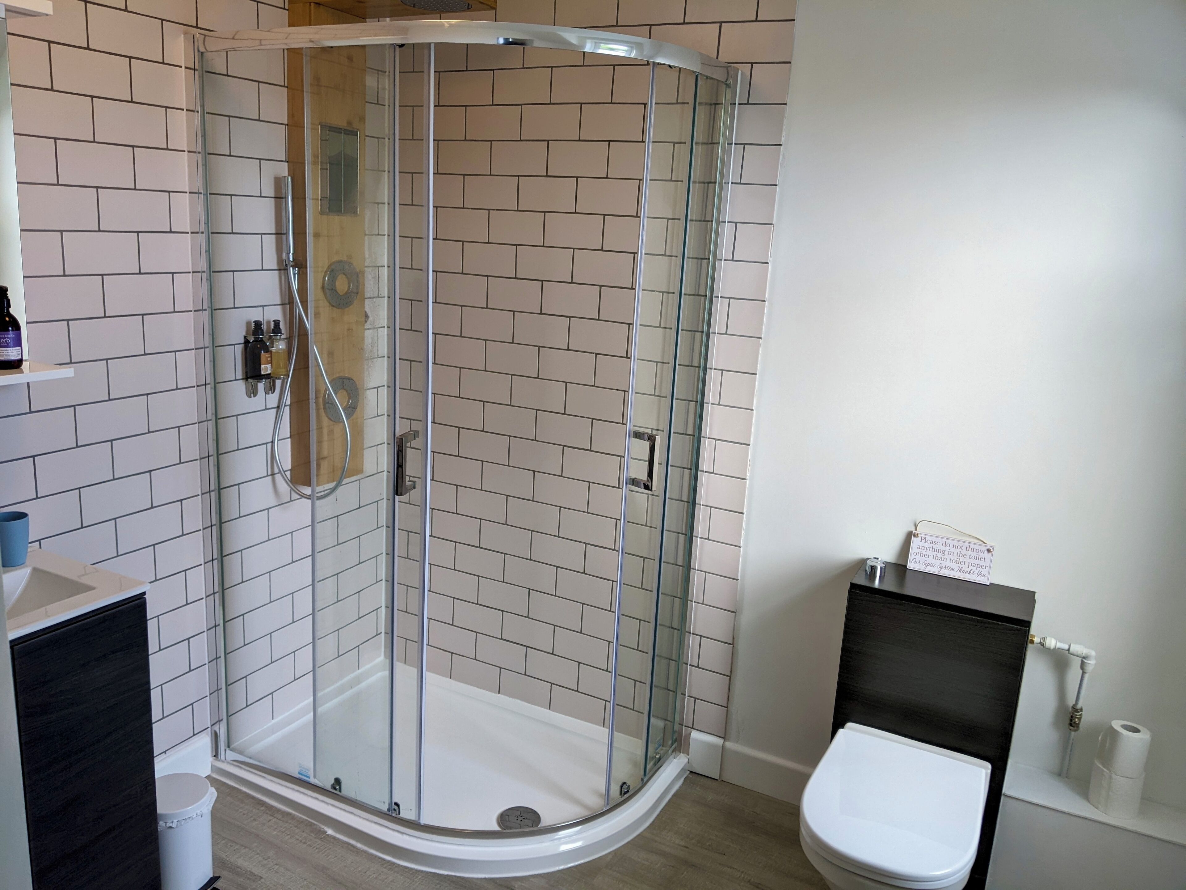 A modern bathroom with a glass-enclosed shower, a white toilet, and a black cabinet.